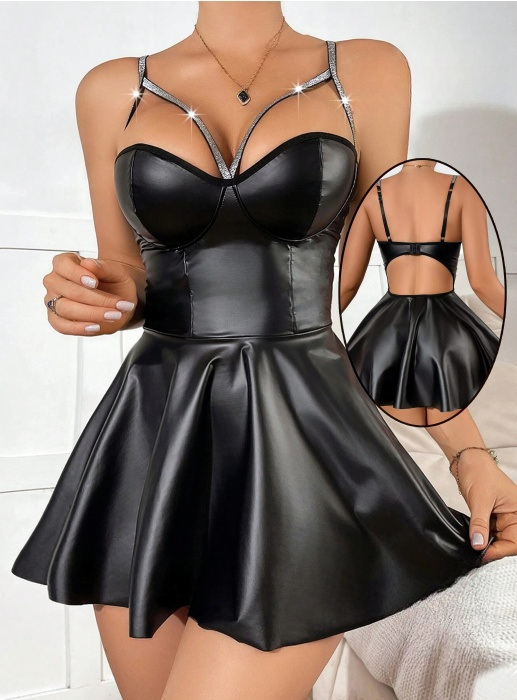 Set sexy din piele sintetica lucioasa, rochita si chiloti tanga TY-PU101negru [2]