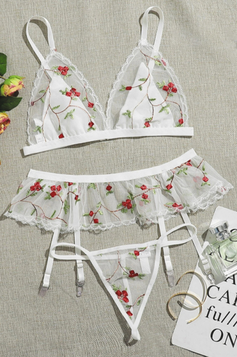 Set lenjerie sexy cu motiv floral, sutien, chiloti tanga si portjartiera TY-LX62alb [3]