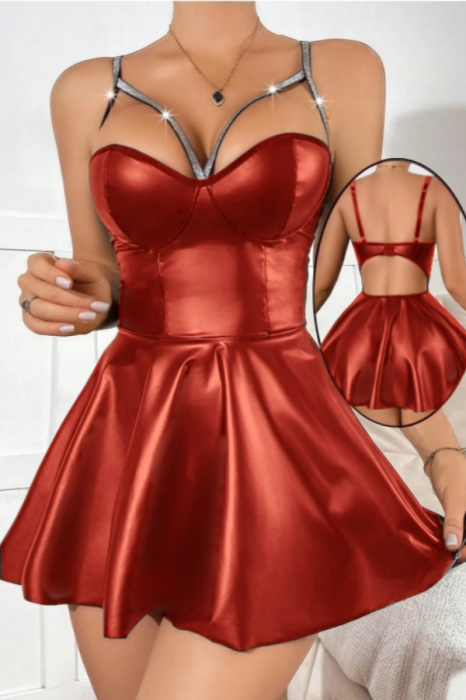 Set sexy din piele sintetica lucioasa, rochita si chiloti tanga TY-PU101rosu [2]