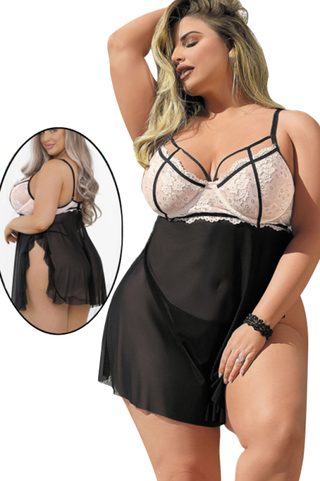 Set sexy, rochita cu dantela si despicatura in fata + chiloti tanga TY-PLUS104negru [2]