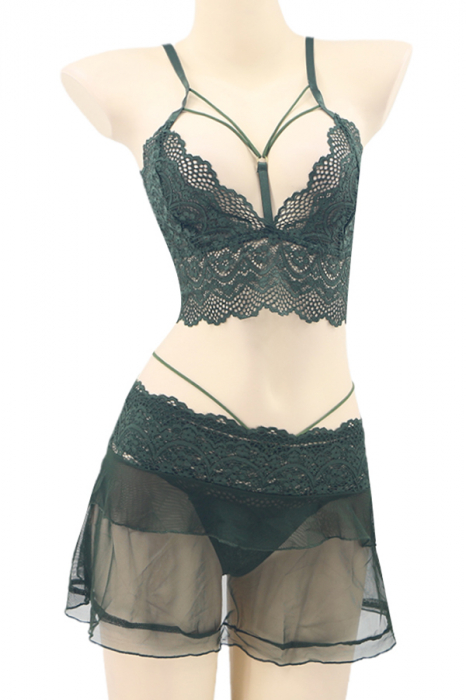Set lenjerie sexy cu dantela, top, fustita si chiloti tanga TY-LX130verde [2]