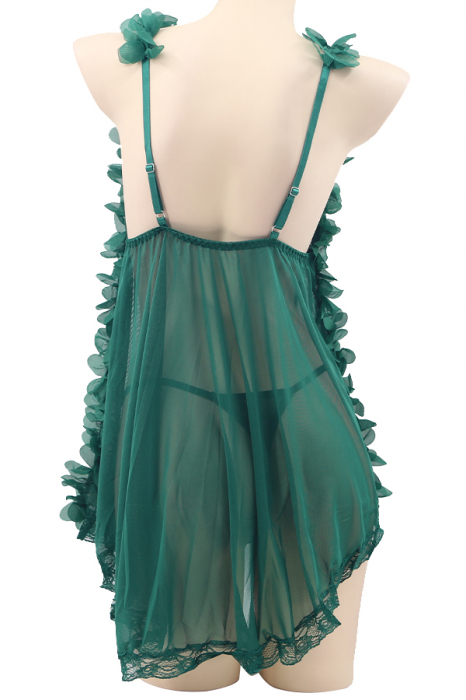 Set sexy, rochita cu dantela si tiv asortat cu volane + chiloti tanga TY-S508verde [3]