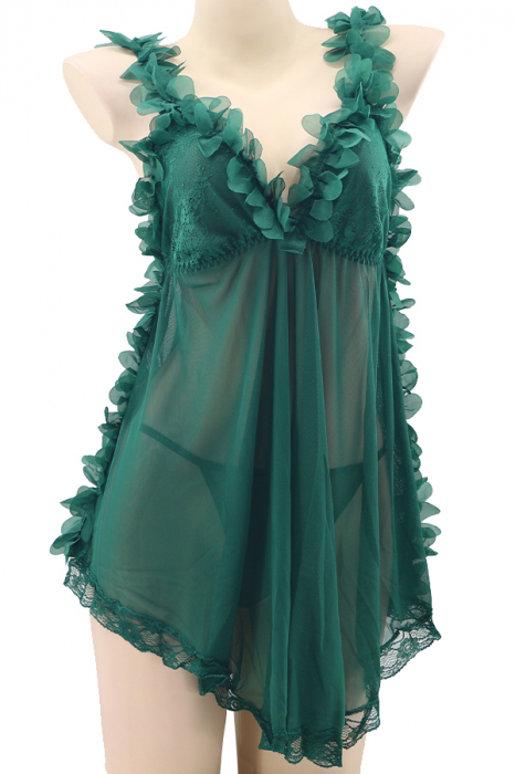 Set sexy, rochita cu dantela si tiv asortat cu volane + chiloti tanga TY-S508verde [2]