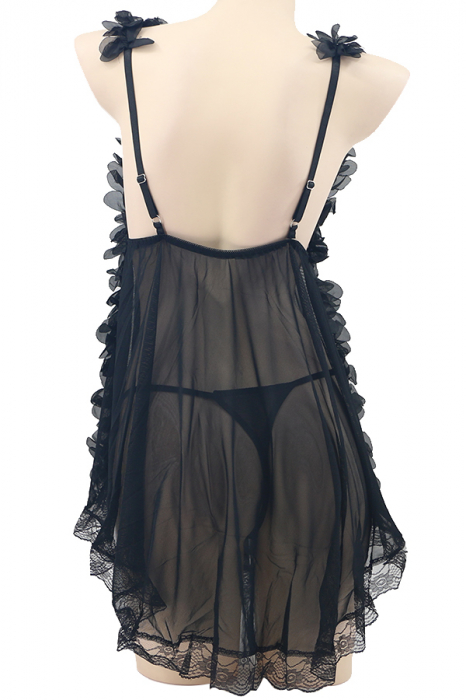 Set sexy, rochita cu dantela si tiv asortat cu volane + chiloti tanga TY-S508negru [3]