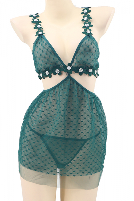 Set sexy, rochita transparenta cu motiv floral si strasuri + chiloti tanga TY-J93verde [2]