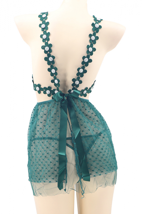 Set sexy, rochita transparenta cu motiv floral si strasuri + chiloti tanga TY-J93verde [3]