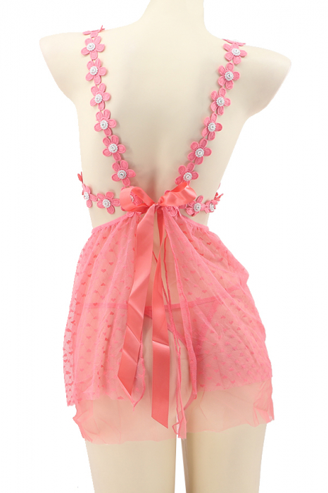 Set sexy, rochita transparenta cu motiv floral si strasuri + chiloti tanga TY-J93roz [3]