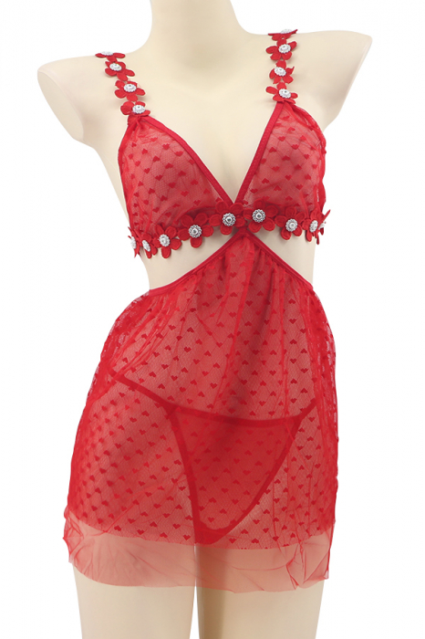 Set sexy, rochita transparenta cu motiv floral si strasuri + chiloti tanga TY-J93rosu [2]