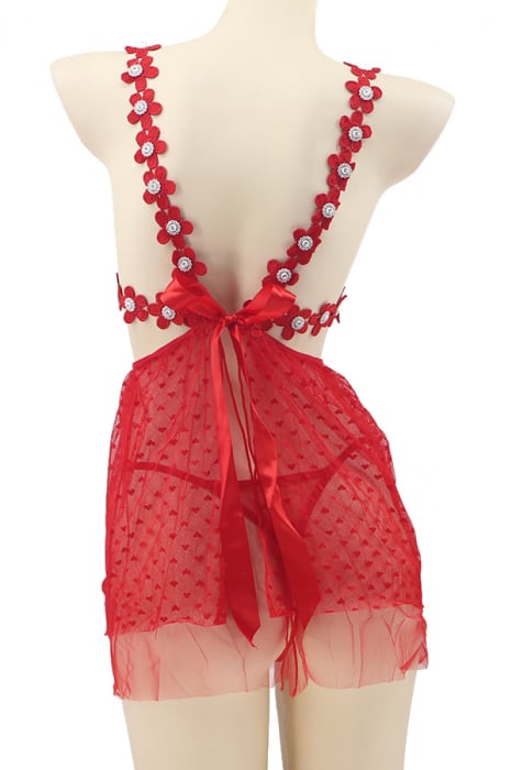 Set sexy, rochita transparenta cu motiv floral si strasuri + chiloti tanga TY-J93rosu [3]