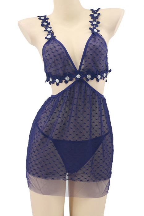 Set sexy, rochita transparenta cu motiv floral si strasuri + chiloti tanga TY-J93bleumarin [2]