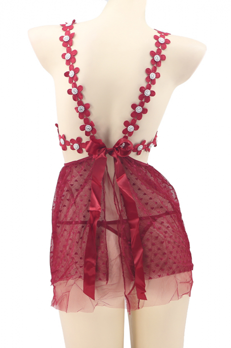 Set sexy, rochita transparenta cu motiv floral si strasuri + chiloti tanga TY-J93visiniu [3]