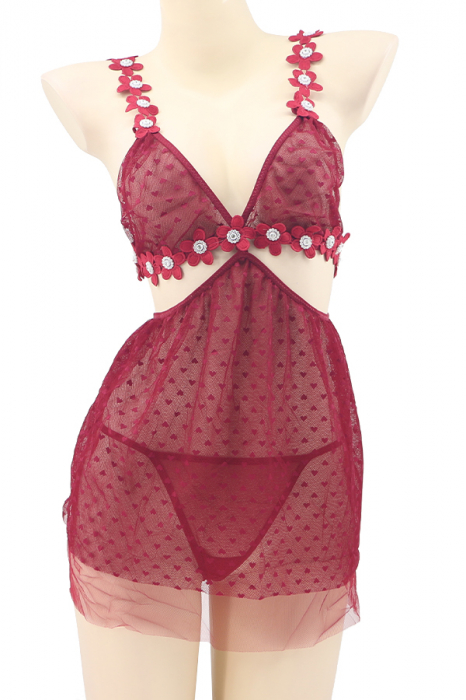 Set sexy, rochita transparenta cu motiv floral si strasuri + chiloti tanga TY-J93visiniu [2]