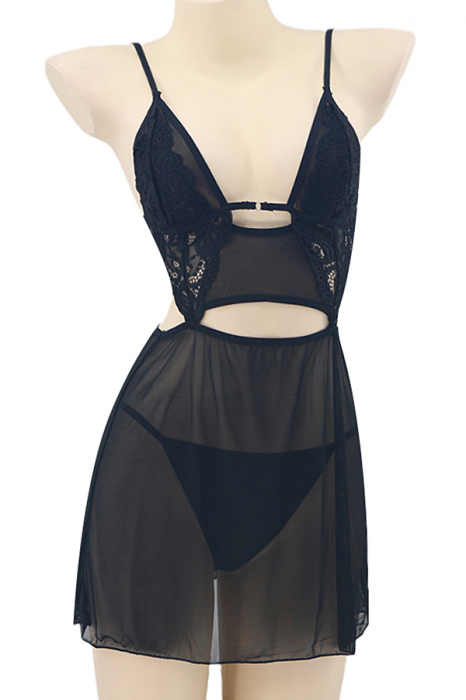 Set lenjerie sexy, rochita transparenta cu dantela si chiloti tanga TY-S566negru [2]