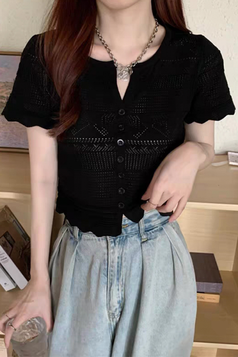 Tricou din tricot dantelat XPX-13039negru [1]