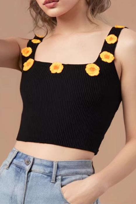 Top din tricot cu aplicatii flori 3D XPX-7193negru [2]