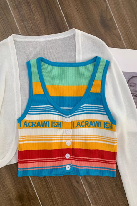 Top din tricot cu dungi retro curcubeu XBX-6628 [9]