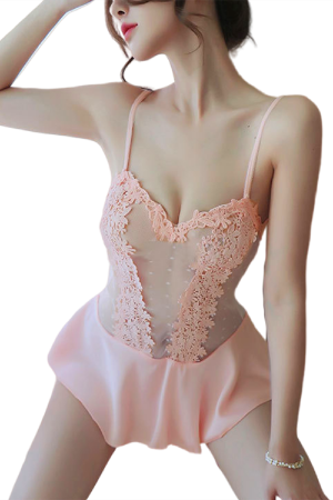 Damă - Lenjerie erotica, rochita sexy cu dantela brodata si aspect satin YML1004roz