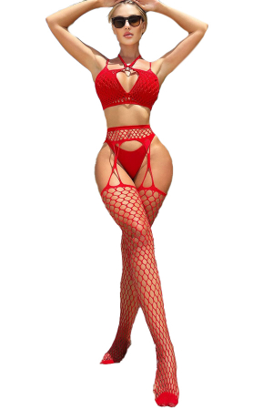 Lenjerie erotică - Bodystocking decupat din plasa fina alcatuit din doua piese DLS-7874rosu