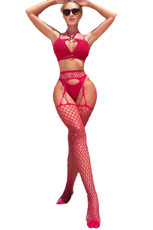 Lenjerie erotică - Bodystocking decupat din plasa fina alcatuit din doua piese DLS-7874roz