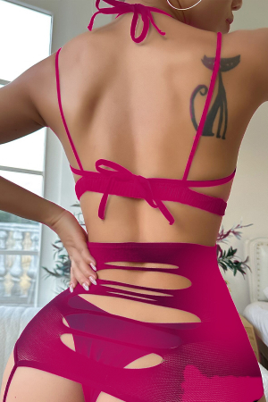 Lenjerie erotică - Bodystocking din plasa decupat, tip rochie mini cu ciorapi atasati DLS-7761roz