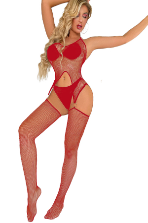 Lenjerie erotică - Bodystocking din plasa fina alcatuit din doua piese DLS-7779rosu