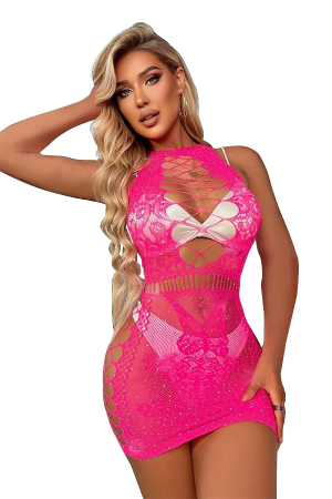 Lenjerie erotică - Bodystocking sexy tip rochita din plasa accesorizata cu strasuri DLS-92243