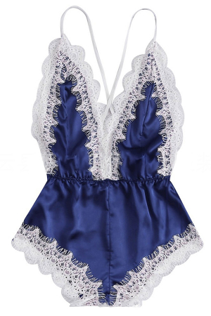 Pijamale - Camasa de noapte tip salopeta cu insertii dantela YMR-2046albastru
