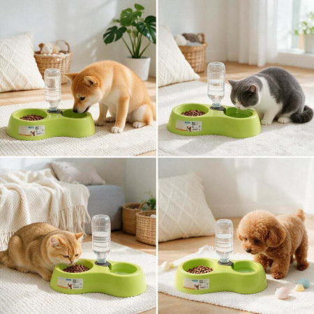 Animale de companie - Castron dublu pentru hranire cu distribuitor apa 050307verde