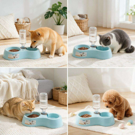 Animale de companie - Castron dublu pentru hranire cu distribuitor apa 050307albastru