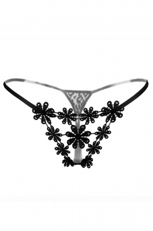 Chiloți sexy - Chiloti sexy tanga decupati cu broderie si motiv floral LH2170negru