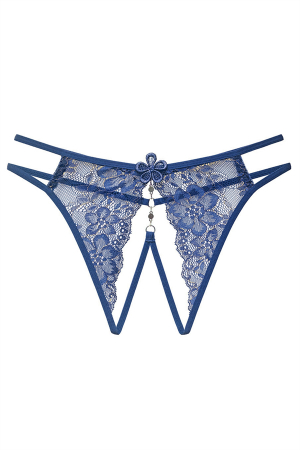 Chiloți sexy - Chiloti sexy tanga decupati cu dantela si motiv floral LH2248bleumarin