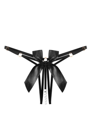 Chiloți sexy - Chiloti sexy tanga decupati, cu perle si funda decorativa cu aspect satin LH2295negru