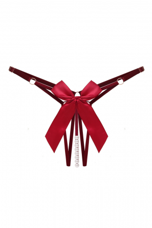 Chiloți sexy - Chiloti sexy tanga decupati, cu perle si funda decorativa cu aspect satin LH2295visiniu