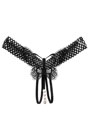 Chiloți sexy - Chiloti sexy tanga decupati, model cu broderie fluture si perle LH2278negru