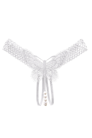 Chiloți sexy - Chiloti sexy tanga decupati, model cu broderie fluture si perle LH2278alb