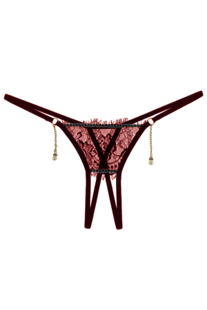 Chiloți sexy - Chiloti sexy tanga din dantela accesorizati cu margele LH2222visiniu