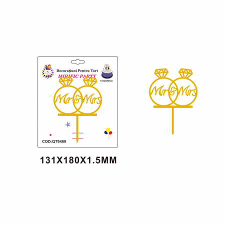 Accesorii party - Decoratiune pentru tort ' Mr & Mrs ' 18 x 13 cm QT9489auriu
