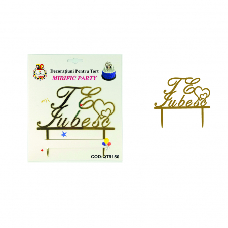 Accesorii party - Decoratiune pentru tort cu efect oglinda ' Te iubesc ' QT9150auriu