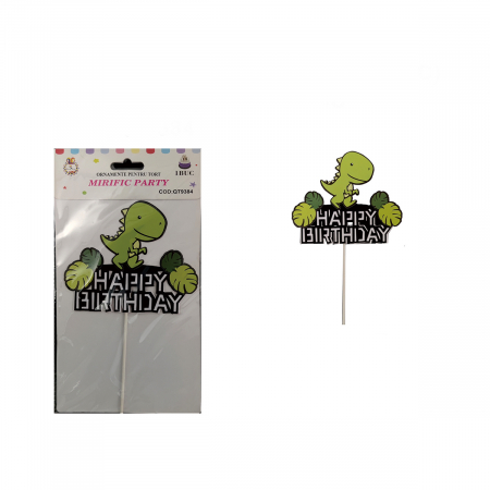 Accesorii party - Decoratiune pentru tort cu figurina dinozaur ' Happy Birthday ' QT9384