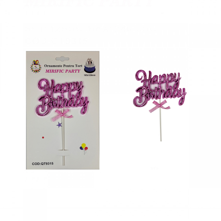 Articole party - Decoratiune pentru tort ' Happy Birthday ' 19.5 x 12 cm QT9315