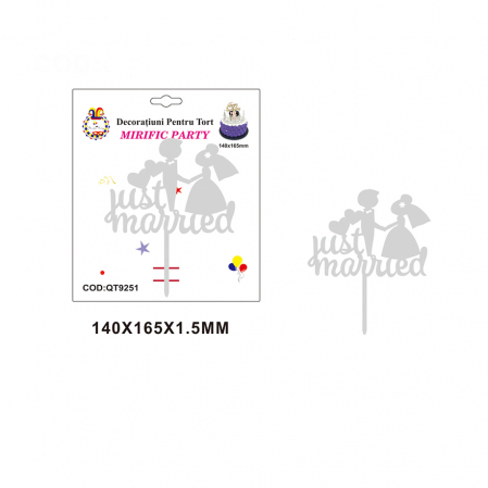Accesorii party - Decoratiune pentru tort ' Just married ' 16.5 x 14 cm QT9251argintiu
