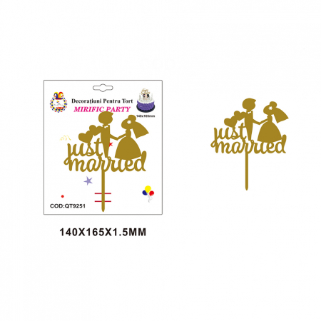 Accesorii party - Decoratiune pentru tort ' Just married ' 16.5 x 14 cm QT9251auriu