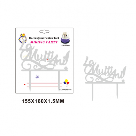 Accesorii party - Decoratiune pentru tort ' La multi ani ' 16 x 15.5 cm QT9148argintiu