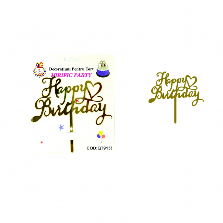 Accesorii party - Decoratiune pentru tort cu efect oglinda ' Happy Birthday ' QT9138auriu