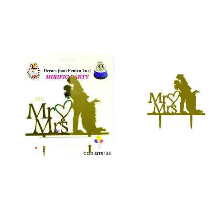 Accesorii party - Decoratiune pentru tort cu efect oglinda ' Mr & Mrs ' QT9144auriu