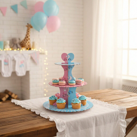 Accesorii party - Etajera din carton cu 3 nivele pentru prajituri ' Boy or Girl ' 2260-4