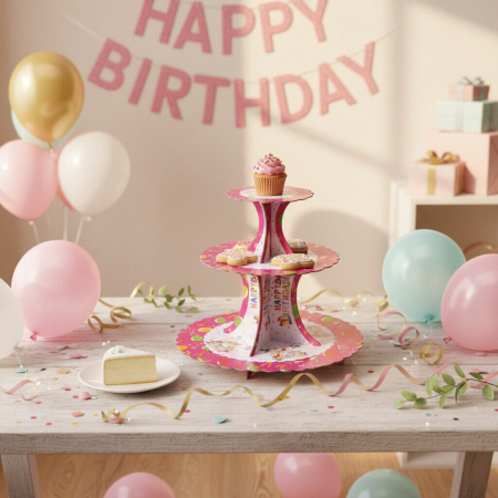 Tacâmuri - Etajera din carton cu 3 nivele pentru prajituri ' Happy Birthday ' 2260-1