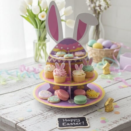 Articole party - Etajera din carton cu 3 nivele pentru prajituri ' Iepurasul de Pasti ' 2260-2605