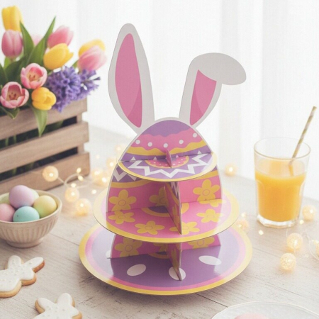 Articole party - Etajera din carton cu 3 nivele pentru prajituri ' Iepurasul de Pasti ' 2260-2605