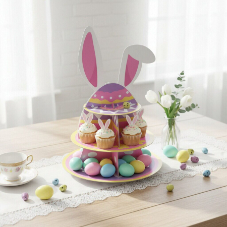 Articole party - Etajera din carton cu 3 nivele pentru prajituri ' Iepurasul de Pasti ' 2260-2605
